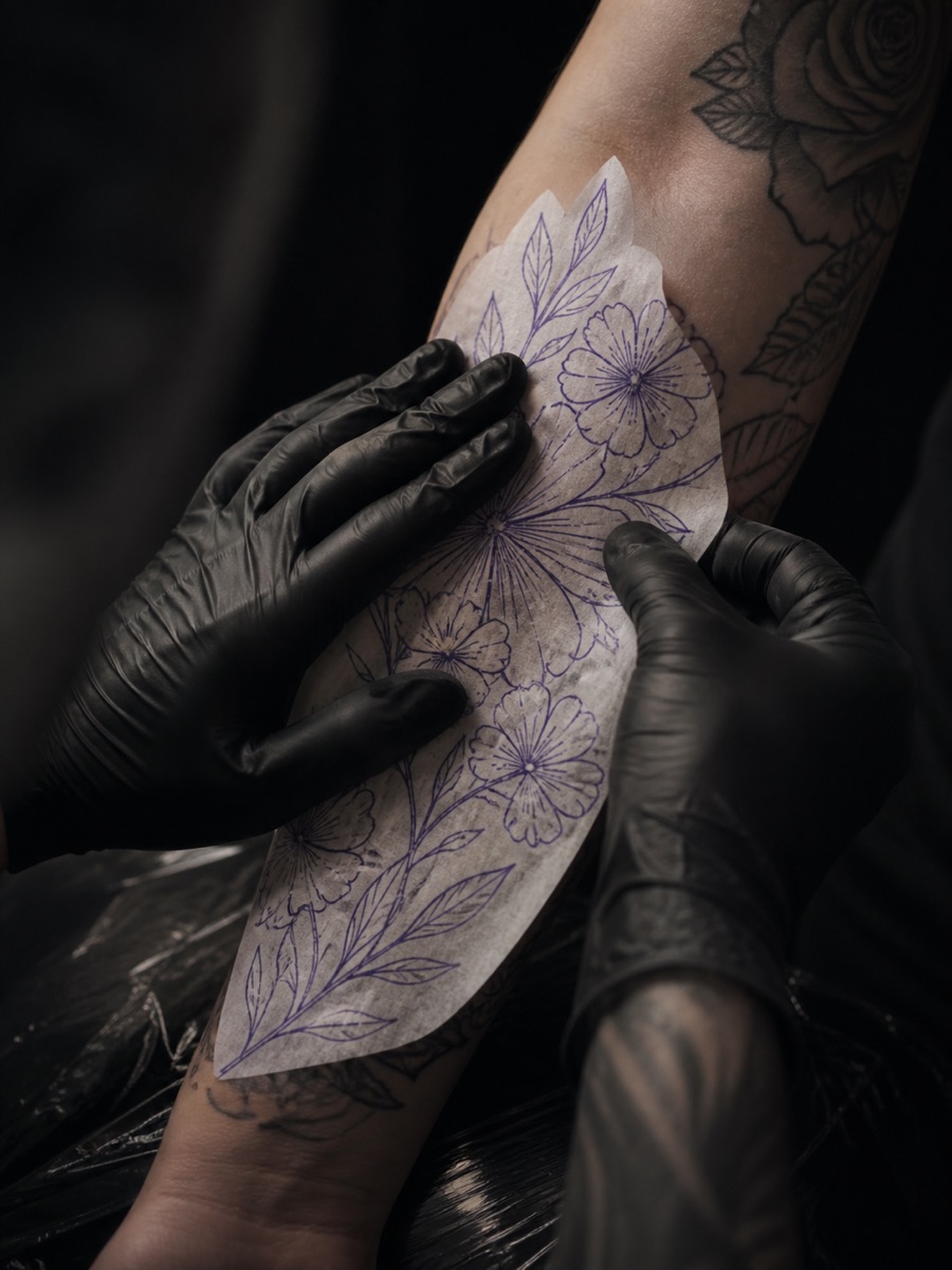 Decalque de tatuagem sendo aplicado na pele