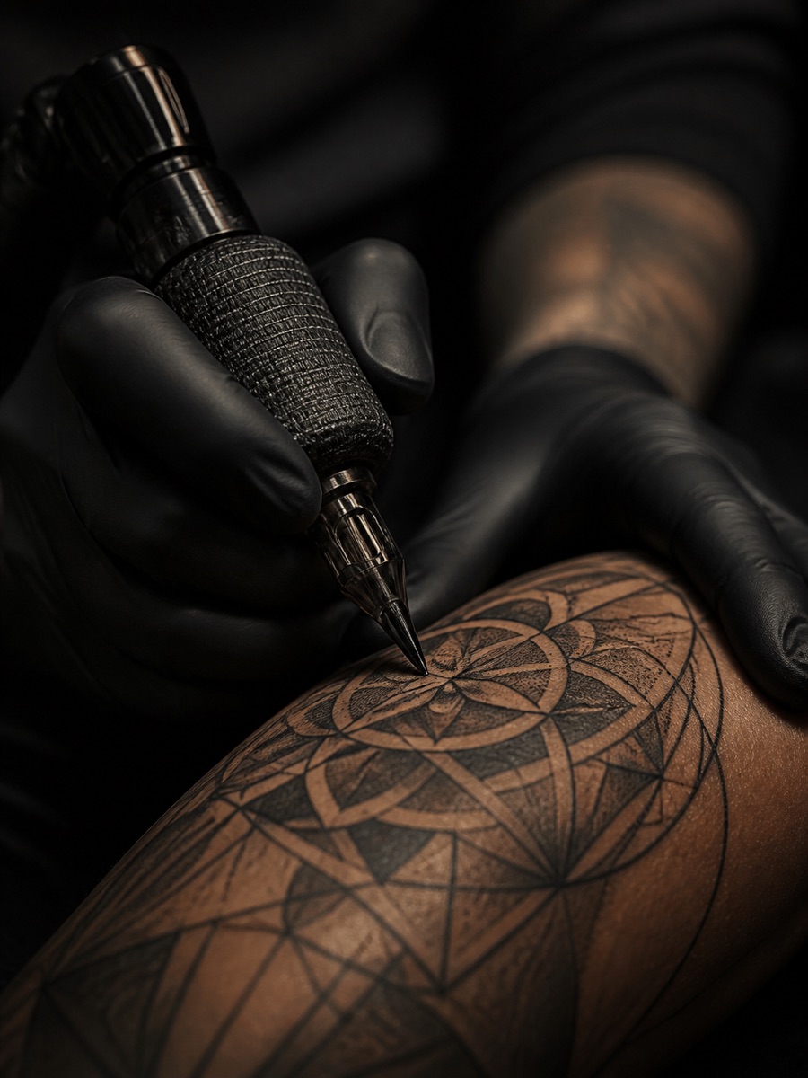 Tatuagem em andamento com luvas e máquina